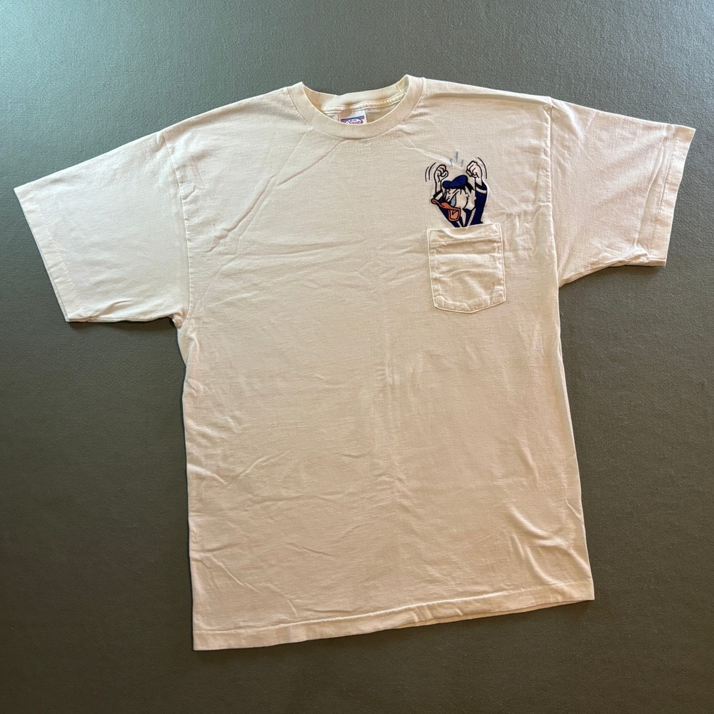 VTG Disney Store Donald Duck Pocket T Shirt Mens XL Cream Embroidered 90s USA